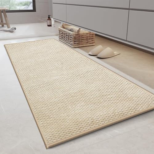 Cheerx Bathroom Rug 70 x 120 cm, Soft Chenille Fibre Bath Mat, Non-Slip Rubber Backed Floor Mat, Machine Washable Quick Dry Rugs, Bathroom Accessories Decor, Beige