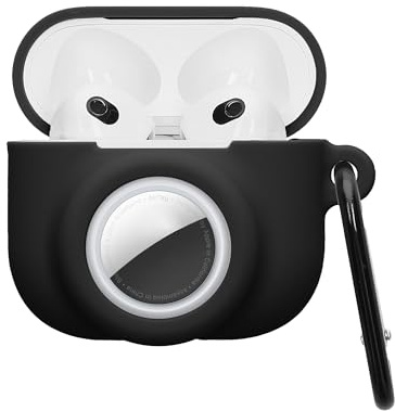 kwmobile Custodia 2 in 1 compatibile con Apple AirPods 3 e AirTag - Cover Cuffie Bluetooth - Protezione in Silicone con Moschettone - nero