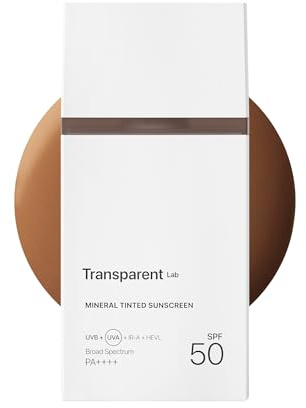 Transparent Lab Mineral Tinted Sunscreen Dark SPF50 100 ml – Crème solaire 100% minérale à base d'oxyde de zinc, de peptides et de collagène, teinte légère, protection UVA/UVB et lumière bleue