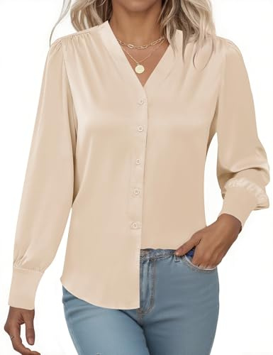 Rapbin Womens Satin Blouse Long Sleeve V Neck Button Down Silk Shirts Casual Tops for Ladies Business Shirt Champagne