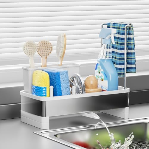 HOWDIA Stainless Steel Sink Caddy, Sponge Holder for Kitchen Sink with Brush Holder & Dishcloth Rack, Rustproof Organizer Countertop, Soap Dispenser Kitchen Organizers Storage Essentials, White