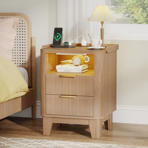 Quikraen 50cm width Bedside Table with Charging Station&Sensor LED Light | Fluted Log Color Bedside Table with with 2 Drawers, 2 AC outlets, 1 USB ports and 1 Type-C port for Living Room, Bedroom