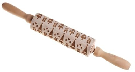 Mattarello in Legno da 35x4,5 cm, con Incisione a Forma di Fiocco di Neve e Alce, for Biscotti da Forno, for Torte, con Stampo 3D. Mattarello in Legno Inciso(Color 8)