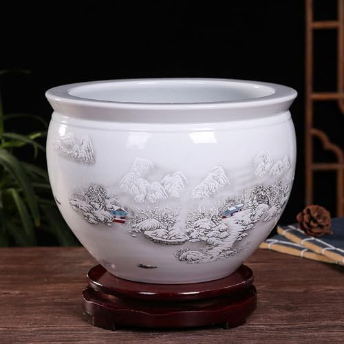 TGBHM Ceramics Water Lily Bowl Copper Coin Grass Flowerpot Chinoiserie Fish Tank with Base Lotus Hydroponic Container Daffodil Bonsai Planter for Garden Home,I-33 * 22cm