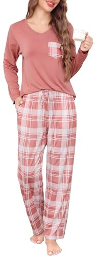 Sopesil Pyjama Femme Hiver Ensemble de Pyjama Chaud et Doux Col V à Manches Longue et Bas de Pyjama à Carreaux Vêtement de Nuit 2 Pièces pour Femmes avec Poches,S-XXL