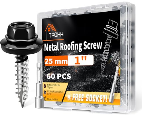 60 Piezas Tornillos para Techos Hexagonal 4,8 x 25 mm con Punta, Cabeza Negra Lacada, Arandelas EPDM, Rosca Alta-baja, Tornillos de Acero Autoperforantes Metal-madera para Techos y Fachadas – TPOHH | Rosca Alta-Baja, Tornillos Autoperforantes para Techos y Fachadas