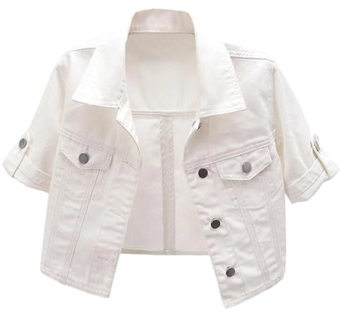 Generisch Giacca corta in denim da donna, leggera, corta, con risvolto, bolero, maniche corte, alla moda, vintage, con asole, giacca per il tempo libero, Bianco, L