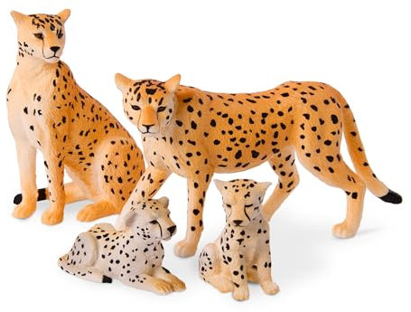 Terra - Figuras de animales de la familia de guepardos - 2 guepardos grandes y 2 cachorros - figuras de animales juguetes para niños a partir de 3 años (4 piezas)