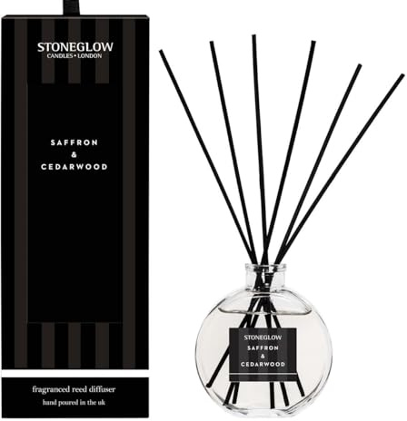 Stoneglow Modern Classics Duftstäbchen mit Safran und Zedernholz, 120 ml, mit Mimose und Orris, 12 Rattan-Diffusorstäbchen, hält 10 Wochen, nachfüllbarer Raumduft, hergestellt in Großbritannien
