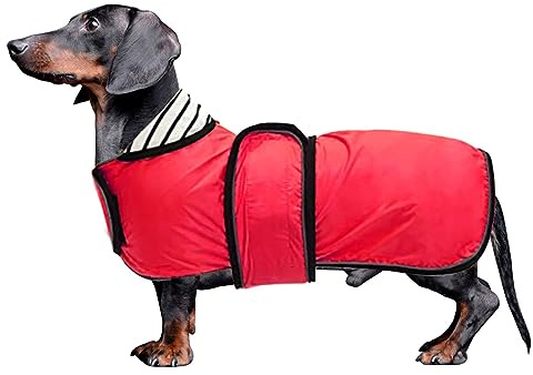 MOREZI Hunderegenmantel mit Reflexstreifen, Regen-/wasserdicht, verstellbare Weste, geeignet für kleine und mittelgroße Hunde wie Dackel-Rot-S