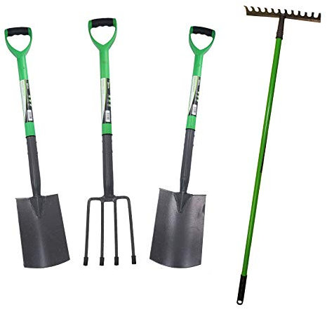 AB Tools Garden Border Fork Spade Rake + Digging Spade Carbon Steel Blades 4pc Kit