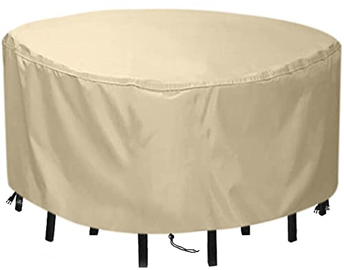 QIANC Housses pour Tables de Jardin Ronde,80x150cm(31x59in) Couverture Bâche de Protection Imperméables,Coupe-Vent,Anti-UV,420D Oxford Tissu Hivernage et Salon de Jardin Housse de Protection, Beige