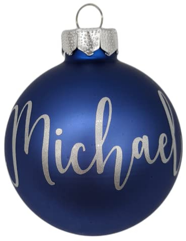 Personalisierte blaue Weihnachtskugel mit Namen in Silber | echtes mundgeblasenes Glas (Blau, Eliam)
