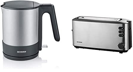 SEVERIN Wasserkocher, edelstahl/schwarz, WK 3409 & Automatik-Langschlitztoaster, Automatik-Toaster mit Brötchenaufsatz, Auftauen und Erwärmen, 1.000 W, Edelstahl-gebürstet/schwarz, AT 2515