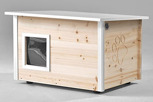 Katzenhaus - isoliert & wetterfest für draußen - Outdoor Katzenhütte aus Holz mit Styropor-Isolierung, Thermovorhang, Lüftung & abnehmbarem PVC-Dach