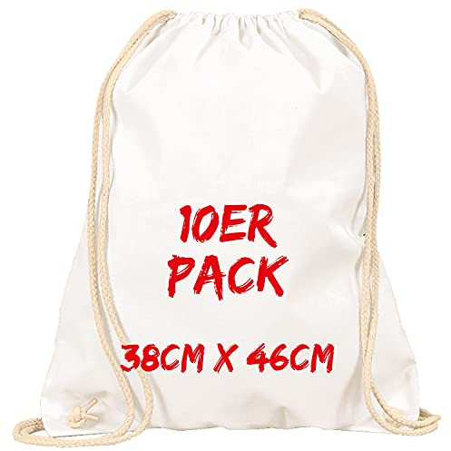 TEXXILLA Turnbeutel - 10er Pack | Weiß | mit robusten Zugbändern | 38x46cm | Jutebeutel | Einkaufstasche | unbedruckt