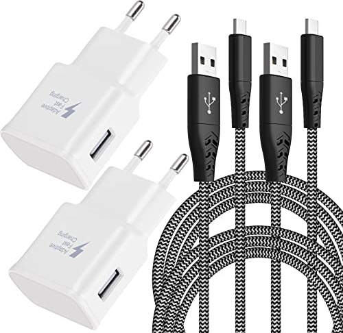 2-Pack Ladegerät mit 2m Nylon Ladekabel USB C für Samsung Handy und Tablet | 15W Schnellladegerät Netzteil mit Typ C Schnellladekabel Für Galaxy S8/S9/S10/S10e/S20/S21/S22/S23/A51/A40/A30/A17/Z Flip3