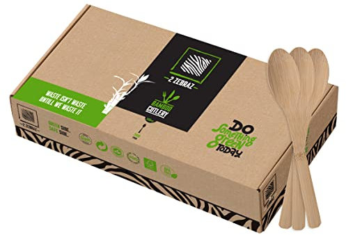 2ZEBRAZ 100% Bamboo Utensils Set of 300 Spoons Biodegradable Silverware for Parties, Events, BBQ, & Camping – Reusable or Disposable, Smooth, Durable, Odorless, heavy-duty Cutlery