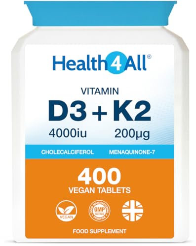 Health4All Vitamin D3 4000iu & Vitamin K2 200ug (Natural MK7) 400 Tablets (1+ Year Supply) Vegan Vitamin D3 K2 Supplement, High Strength MK-7 from Natto, Made in The UK
