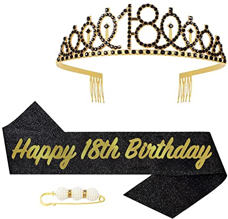 POPOYU Couronne Echarpe Diadème 18 Ans, Kit Tiara Cristal pour Femme, Décoration de Fête d'Anniversaire, Cadeau Fille (Or Noir)