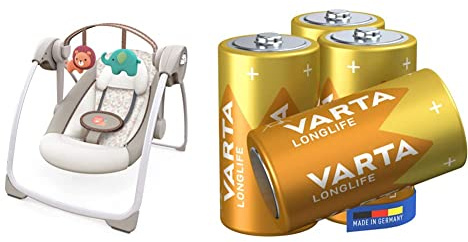 Ingenuity Soothe 'n Delight Altalena portatile compatta a 6 velocità con musica e barra portagiochi, pieghevole per un facile viaggio & VARTA Longlife Batterie C Baby LR14 Batteria alcaline