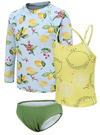Girls Swimming Costume 3 Piece Rash Guard Set Kids Girls Swimsuit Set Long Sleeve Rash Vest and Shorts Girls Tankini Swim Set 13-14 Years