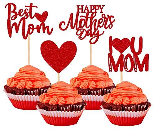 Xsstarmi 24 Stück Happy Mother's Day Cupcake-Topper Glitzer Herz Best Mom I Love You Mom Cupcake Picks für Happy Mother's Day Birthday Party Kuchen Dekorationen Supplies Rot