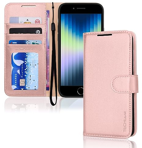 TECHGEAR hülle iPhone SE 2022 5G / 2020 Leder klappbar, PU Leder Flip Schutzhülle Ledertasche [Brieftasche] Handyhülle mit Ständer und Handschlaufe - Rosa Kompatible mit iPhone 8/7/6
