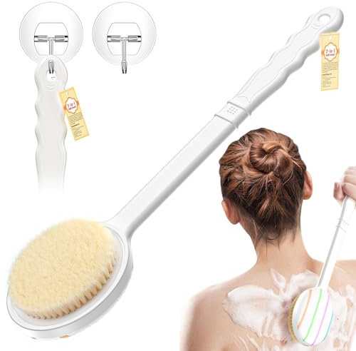 Guscase Rückenbürste Dusche mit Langem Stiel, Doppelseitige Duschbürste, Körperbürste, Badebürste, für Körper Reinigen und Peeling, Verbesserte Hautgesundheit Lymphfunktionen, mit 2 Klebriger Haken