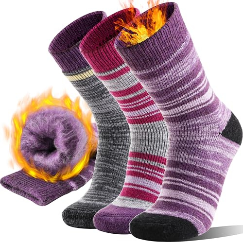 Anlisim Thermal Heated Winter Warm Socks for Men Women Extra Thick Insulated Ski Crew Boot Gift Socks for Cold Weather 3 Pairs(Pink Purple,Medium)