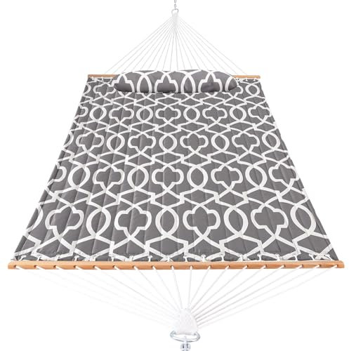Lazy Daze Hammocks 12FT Quilted Fabric Hammock with Pillow, Double 2 Person Hammock with Spreader Bar for Outdoor Outside Patio Garden Yard HMQF-001GF