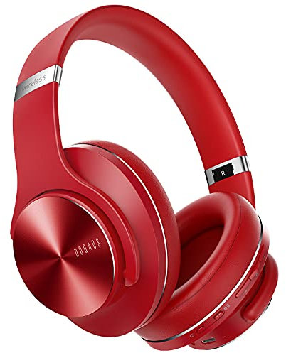 DOQAUS Bluetooth Kopfhörer Over Ear, Bis zu 90 Std Kabellose Kopfhörer mit 3 EQ-Modi, HiFi Stereo Faltbare Headset mit Mikrofon, weiche Ohrpolster für iPhone/ipad/Android/Laptops-Rot