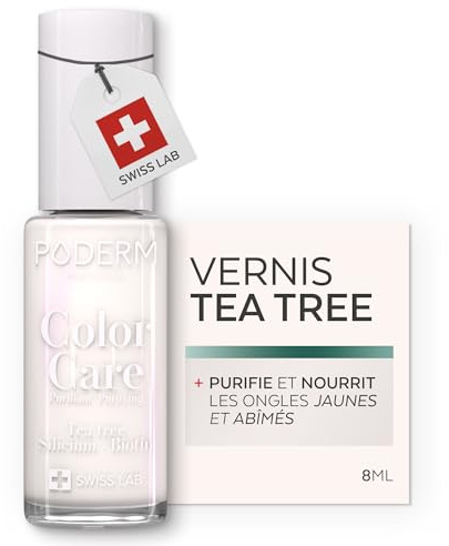 PODERM Smalto Cura per Unghie con Tea Tree - Bianca Perla | Swiss Lab - 8ML | Arricchito con Tea Tree, Silicio & Biotina | Purifica, Schiarisce & Nutre le Unghie Gialle | Creato da una Podologa