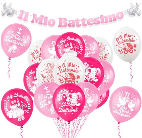 HOWAF Decorazioni Battesimo Bimba, Festone Striscione Scritta Il Mio Battesimo Palloncini per Addobbi Baby Shower Rosa