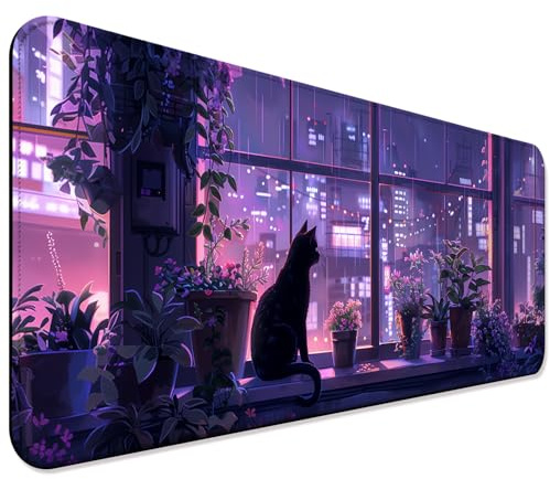 JIANG100 Tappetino da scrivania per gaming, motivo anime, gatto nero e pianta, per tastiera del computer, grande ed esteso, per ufficio e casa, 80 x 30 cm, XL, viola