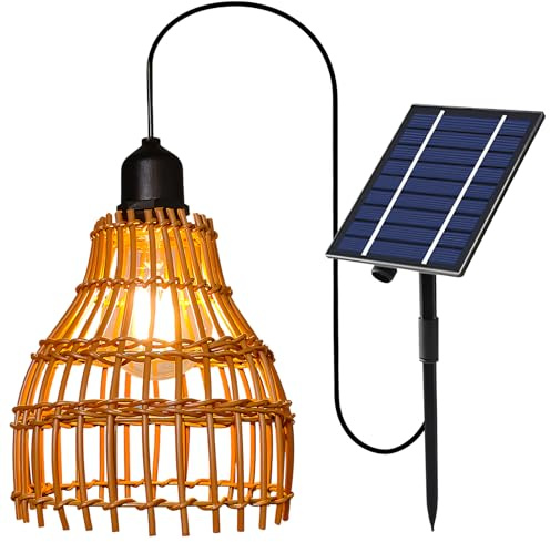 Solar Hängelampe Outdoor mit Boho Lampenschirm Rattan Hängelampe,Boho Hängeleuchte Lampe Batteriebetriebene,Lampenschirm Pendelleuchte ohne Strom Stromanschluss für Außen Innen Beleuchtung (Solar)