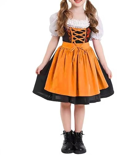 Ybing Vestito Dirndl da ragazza, Oktoberfest, carnevale, Dirndl, vestito tradizionale bavarese, abito tradizionale Dirndl, grembiule per bambini, costume da dirndl per ragazze, Colore: arancione., XS