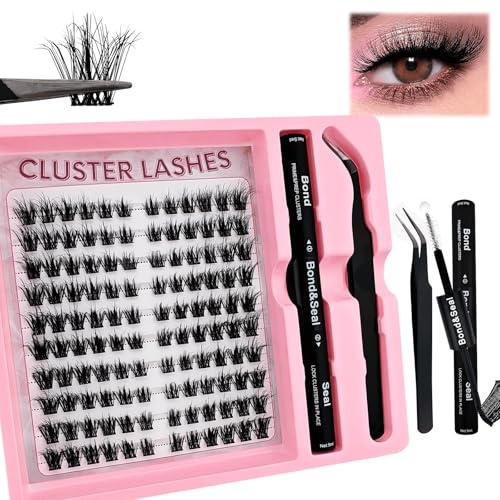 120 Pcs DIY Wimpern Extensions Set 8-16mm Mixed Flauschiges Wimpern Einzeln Individuelle Falsche Wimpern Cluster mit Wimpernkleber und Pinzette für Anfänger Wiederverwendbar Wimpernbüschel (07A)