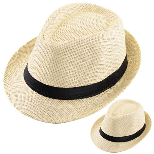 Strohhut Fedora für Damen und Herren, kurze Krempe, Sommer-Strandhut, Trilby Panama, Sonnenhüte, 2 Stück, Beige, Beige, M/L