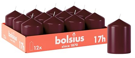 Bolsius släta pelarljus – vinröd – paket med 12 – 8 x 6 cm – dekorativa hushållsljus – bränntid 17 timmar – oparfymerad – innehåller naturligt växtvax – utan palmolja