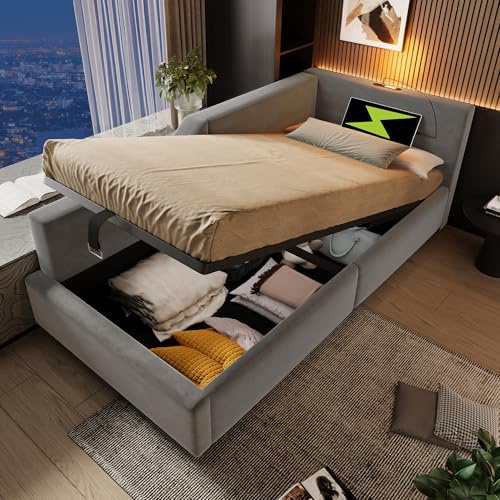 Polsterbett Schlafsofa 90x200cm, Tagesbett Einzelbett mit hydraulischem Stauraum&Leselampe&USB-C-Ladefunktion, Kinderbett Jugendbett Gästebett Sofabett Bettgestell mit Lattenrost aus Holz, Samt, Grau