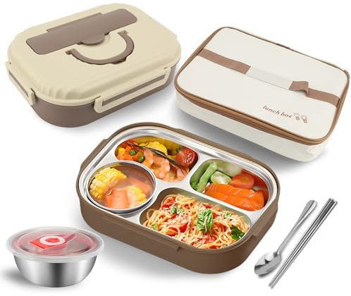 MEKOTRIN Recipiente para Almuerzo Conjunto Completo con Tazón de Sopa, Palillos y Cuchara, 4 Compartimentos, Material Engrosado de Acero Inoxidable 304, Apto para Microondas for Trabajo,