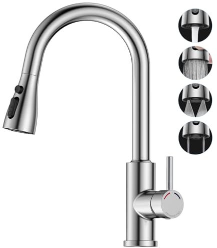 SREWOHS PRO Rubinetto Lavello Cucina, Miscelatore con Estraibile, 4 Modalità,Rotazione a 360°,Flessibile,Arco alto(187mm),Alta Pressione,1 foro,G3/8,Maniglia singola Acciaio inox Rubinetti,Nichel