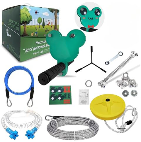 Seilrutsche Kinder Outdoor Slackline Outdoor, 24m 80FT Zipline Adventure Games seilbahn Kinder Outdoor, bis 150kg beständig, Seilrutsche für den Garten, Grüner Frosch