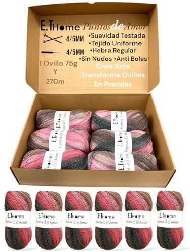 E.THOME 6 ovillo x 75g lana para tejer premium brillo Rsa con hebra regular sin nudos ni bolas Lanas para crochet, diy, hilo grueso para crochet, Crea Arte. Transforma ovillos en prendas. (ROSA)
