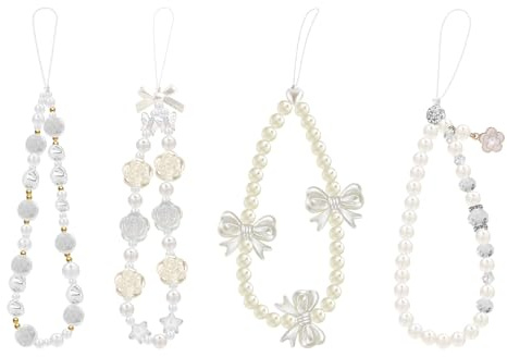 Watlikeup 4PCS Beaded Phone Bracelet Strap,Pearl Phone Charm,Crystal Butterfly Flower Pearl Anti-Lost Wristband,Cute Lanyard,Cute Charm,for Women Girls (White & Four Styles)