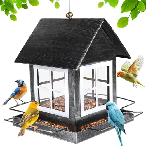 SWAWIS Comedero Pajaros Exterior de Metal para Colgar, Casita Pajaros Exterior para Aves Resistente a la Intemperie 14,5x18,5x23 cm, Comedero para Aves, Negro
