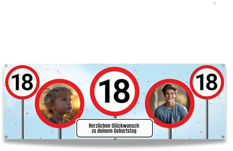 Verkehrsschild Banner zum 18. Geburtstag selbst gestalten (50cm x 150cm) Personalisierter Geburtstagsbanner für Mann und Frau mit Bildern und Texten I Deko Fahne