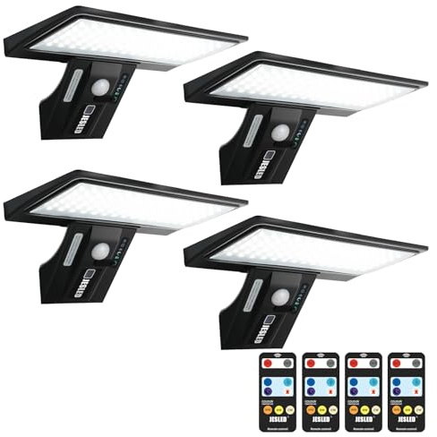 JESLED Lampe Solaire Exterieur, 90 LED Lumiere Solaire Exterieur avec Détecteur de Mouvement, 2600mAh 4 Modes Projecteur Solaire, 3000K-6000K Lampe Solaire avec Télécommande pour Jardin, 4 Paquet