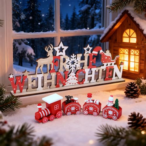 Weihnachtsdeko innen, 2 Holz-Aufsteller mit Weihnachtszug und Schriftzug | Kleine Tischdeko zum Hinstellen, Weihnachtsdekoration für Fensterbank, Regal und Kommode